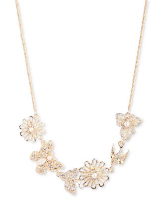 Marchesa - Gold-Tone Imitation Pearl, Mother of Pearl & Glass Stone Butterfly, Bird & Flower Collar Necklace, 16" + 3" extender