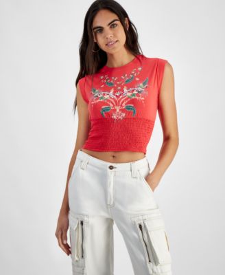 GUESS - Women's Embellished Tropical Print Smocked T-Shirt