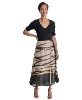 DKNY - Women's Mixed-Media Tie-Waist Fit & Flare Dress