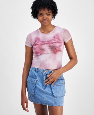 Madden Girl - Juniors' Studded Mesh Bow-Print Top