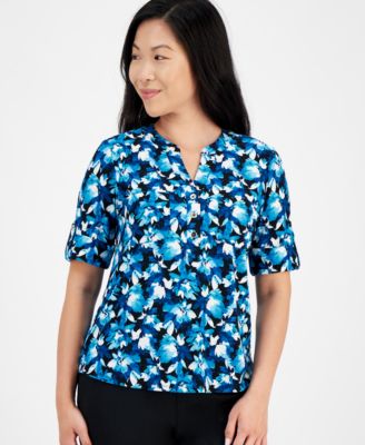 AK Anne Klein - Petite Printed Split-Neck Elbow-Sleeve Top