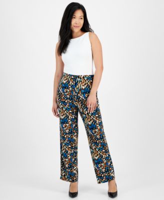 AK Anne Klein - Petite Printed Pull-On Wide-Leg Pants