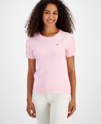 Nautica Jeans - Women's Crewneck Lace-Up-Sleeve Cotton T-Shirt