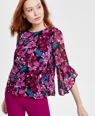 Kasper - Petite 3/4-Ruffle Sleeve Blouse