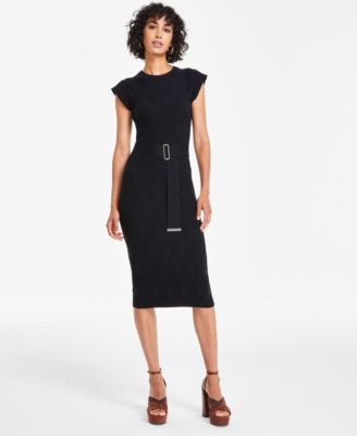 Vince Camuto - Women's Textured-Knit Cap-Sleeve Midi Dress