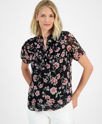 Nautica Jeans - Women's Printed Ruffle-Trim Short-Sleeve Top