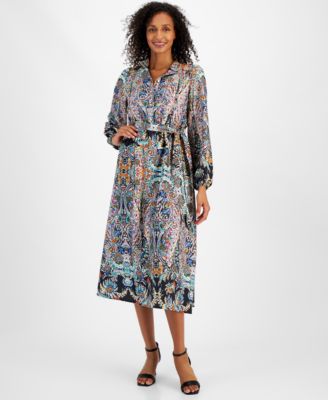 T Tahari - Women's Printed Satin Long-Sleeve Midi Dress