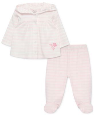 Little Me - Baby Girls Petals Cotton Hooded Cardigan & Footed Pants, 2 Piece Set