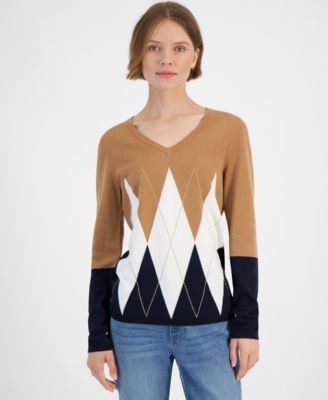Tommy Hilfiger - Women's V-Neck Long-Sleeve Cotton Argyle Sweater
