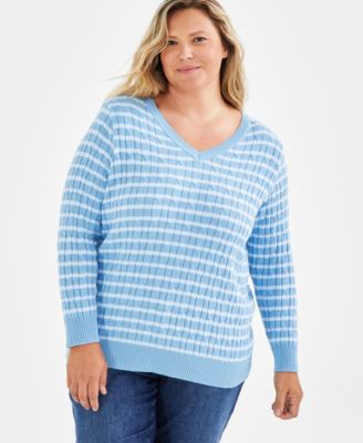 Style & Co - Plus Size Cotton Striped Cable-Knit V-Neck Sweater