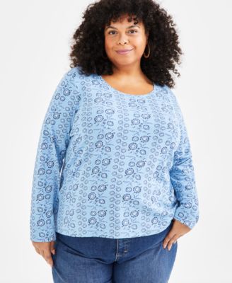 Style & Co - Plus Size Printed Scoop-Neck Long-Sleeve Top
