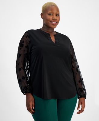 Kasper - Plus Size Split-Neck Contrast-Long-Sleeve Blouse