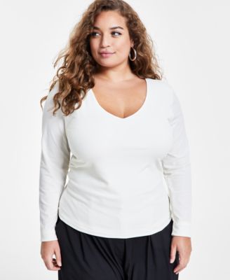 Bar III - Trendy Plus Size Shine Ribbed V-Neck Top