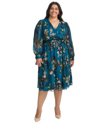 Calvin Klein - Plus Size Printed Long-Sleeve A-line Midi Dress