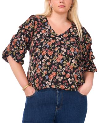 Vince Camuto - Plus Size Printed V-Neck Bubble Sleeve Top