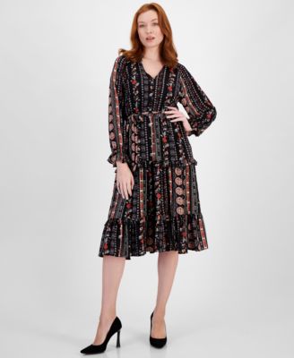T Tahari - Women's Printed Fit & Flare Tiered Midi Dress