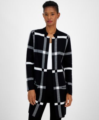 Kasper - Petite Windowpane-Print Notch-Collar Cardigan