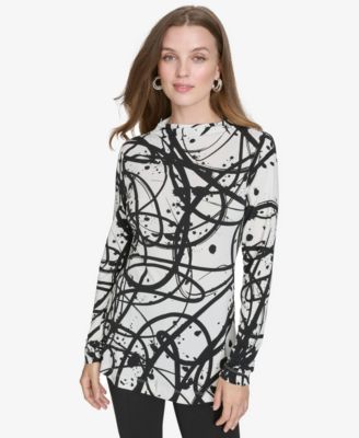 Halston - Women's Printed Mock-Neck Long-Sleeve Top