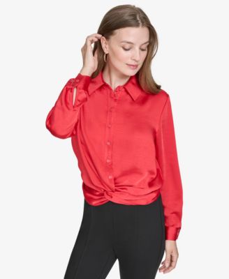 Halston - Women's Twist-Waist Button-Down Collared Blouse