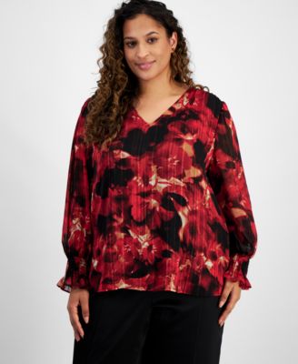 Anne Klein - Plus Size Long-Sleeve Smocked-Cuff Top
