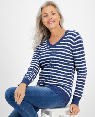 Style & Co - Women's Cotton Striped Cable-Knit Sweater