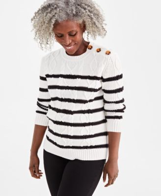 Style & Co - Women's Striped Cable-Knit Button-Shoulder Sweater
