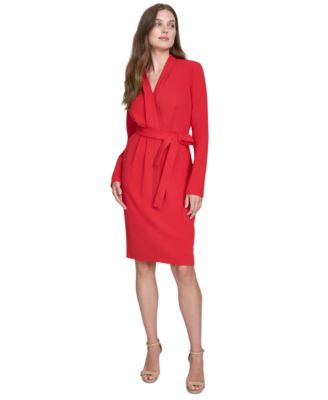 Halston - Women's V-Neck Belted Long-Sleeve Sheath Dress