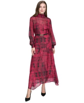 Halston - Women's Mock-Neck Belted Chiffon Maxi Dress