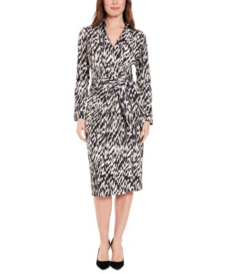 London Times - Women's Collared V-Neck Side-Tie Midi Dress