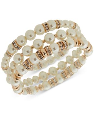 Anne Klein - 3-Pc. Set White Imitation Pearl & Crystal Rondelle Stretch Bracelets