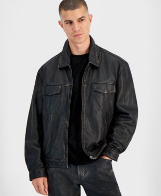 GUESS - Men's Distressed Full-Zip Leather Jacket