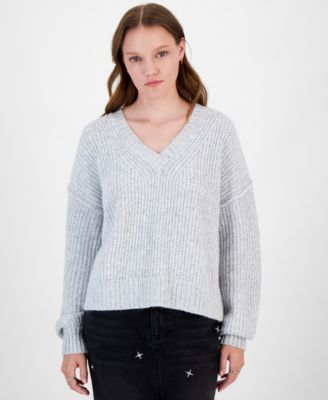 Hippie Rose - Juniors' V-Neck Oversized Drop-Shoulder Sweater