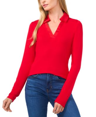 CeCe - Women's Woven-Collar Knit Long-Sleeve Top