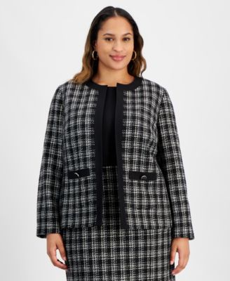 Kasper - Plus Size Tipped Tweed Collarless Jacket