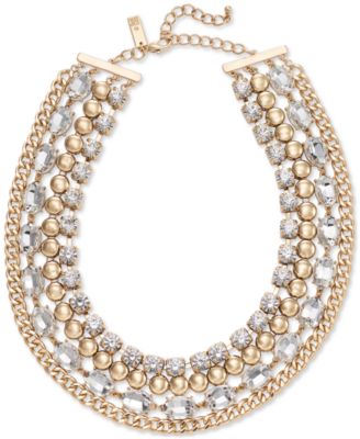 I.N.C. International Concepts - Gold-Tone Link & Crystal Layered Collar Necklace, 17" + 3" extender