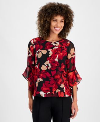 Kasper - Women's Floral-Print Bell-Sleeve Scoop-Neck Top