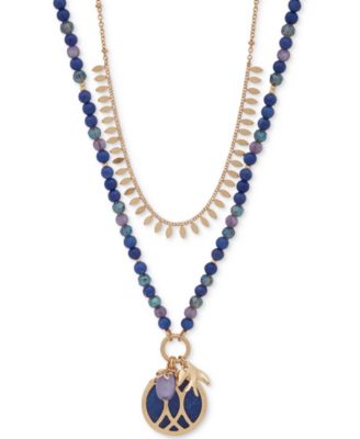 lonna & lilly - Gold-Tone Blue Beaded Two-Row Long Pendant Necklace