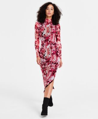 Bar III - Women's Printed Mock-Neck Long-Sleeve Midi Mesh Dress