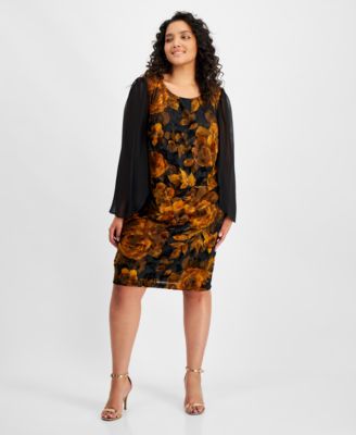 Connected - Plus Size Sheer-Sleeve Printed Velvet Dress