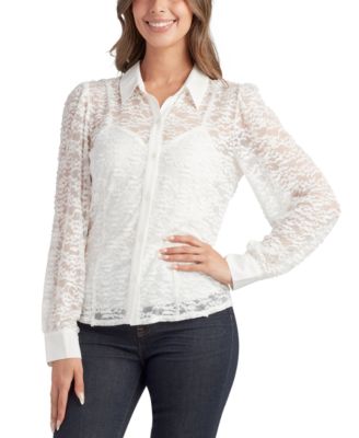 BCX - Juniors' Long-Sleeve Button-Front Lace Top