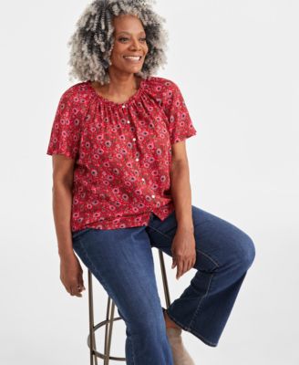 Style & Co - Plus Size Printed Round-Neck Flutter-Sleeve Top