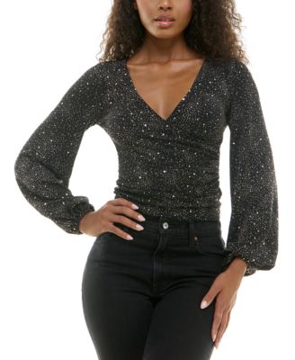 Alex & Sophia - Juniors' Glitter Side-Shirred V-Neck Top
