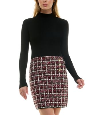BCX - Juniors' Combo Tweed-Skirt Long-Sleeve Dress