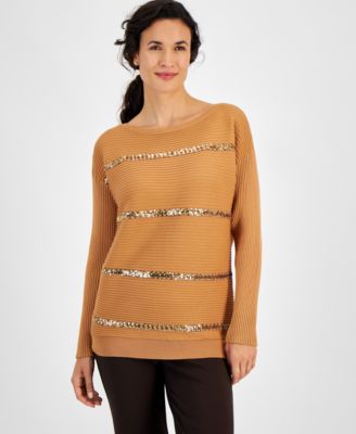 JM Collection - Petite Sequined Stripe Ribbed Sweater