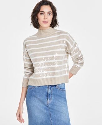 On 34th - Women's Sequined Striped Mock-Neck Sweater