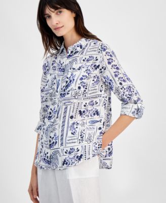 Charter Club - Women's Ceramic-Print Linen Button-Up Shirt
