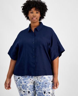 Charter Club - Plus Size Linen Crocheted-Inset Shirt