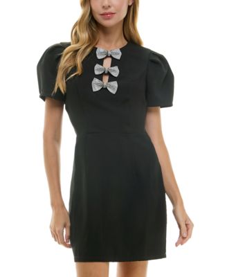 City Studios - Juniors' Rhinestone Bow Puff-Sleeve Dress