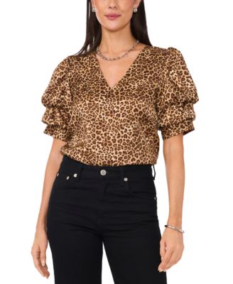 1.STATE - Women's Leopard-Print Bubble-Sleeve Blouse