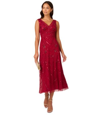 Adrianna Papell - Women's Beaded V-Neck Sleeveless Mesh Dress